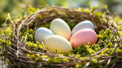 Pastel Easter eggs nestled in a bird's nest, surrounded by spring greenery. Perfect for Easter cards, blogs, and spring-themed designs. Happy Easter!