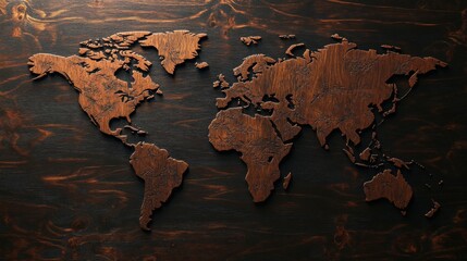 A textured wooden map of the world, showcasing continents in rich brown tones against a dark background.