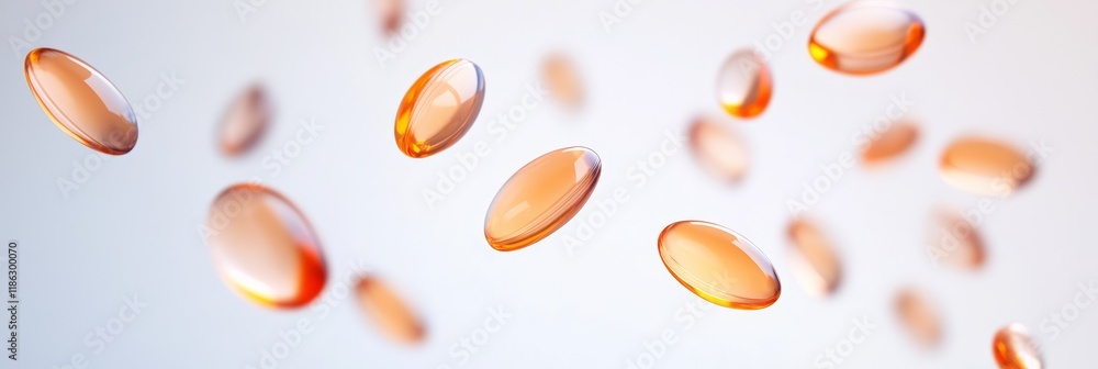 Poster many orange softgels capsules levitating on a light background creating a sensation of lightness and