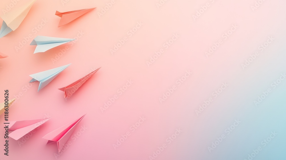 Poster many colorful paper airplanes are flying on a pastel background with copy space, representing concep