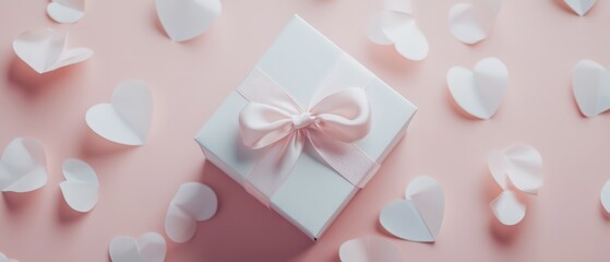 A charming white gift box adorned with a delicate pink bow, exuding love and joy, perfect for celebrating Valentineâ€™s Day moments of affection.
