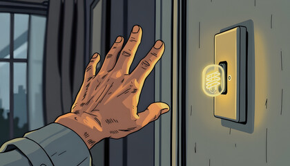Man's hand turns off the light. Saving energy - an eco-friendly lifestyle, graphic novel art, with white tones
