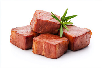 Fresh meat cubes garnished with rosemary, perfect for cooking or grilling. Ideal for culinary presentations and recipes.