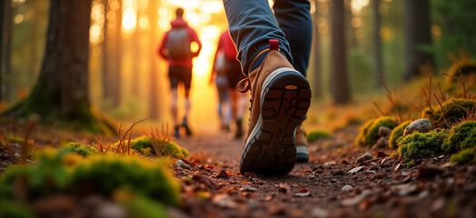 Hikers walk on forest path in warm sunlight. Sunset light shines on hikers. People enjoy outdoor activity. Nature beautiful. Group travels on trail. Backpackers venture through woods. Active