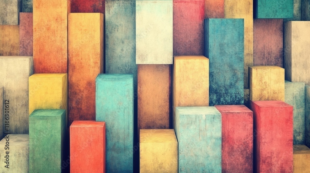 Poster colorful geometric blocks of various sizes are arranged in an artistic pattern against a textured ba