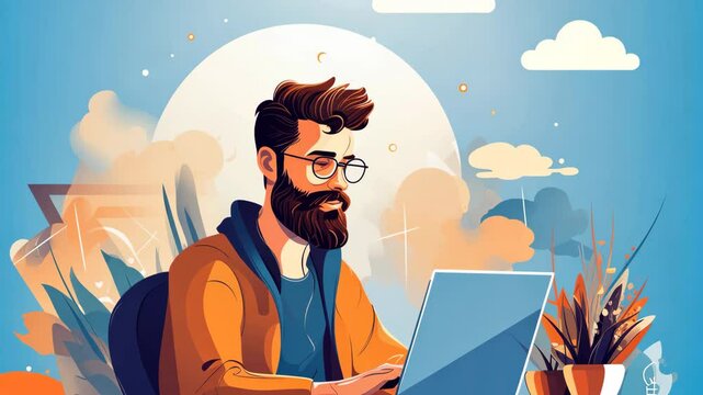 Cartoon remote programmer typing on a laptop