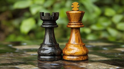 Close up of chess pieces on wooden chessboard with blurred background. Strategy, leadership and success concept.