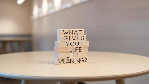 A stack of wooden blocks on a table asks, "What gives your life meaning?" prompting reflection on personal values and purpose.
