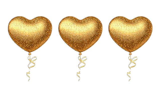 Three Shiny Gold Heart Balloons with Glitter on a PNG Background