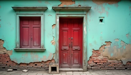 Old building facade shows damaged plaster, dilapidated wall. Weathered red wooden door, similar red window seen. Bricks show through damaged plaster. Exterior of old house. Building needs major