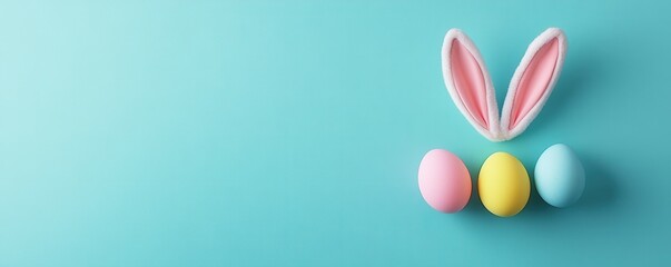 Fototapeta premium Easter party concept. Top view photo of easter bunny ears white pink blue and yellow eggs on isolated pastel blue background with copyspace