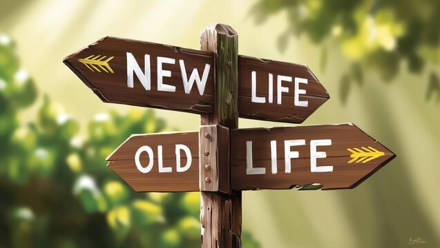 A wooden signpost points to "New Life" and "Old Life," symbolizing choices and transitions in life amidst a natural backdrop.