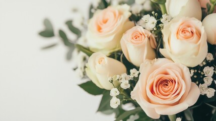 Obraz premium Soft pastel roses are gathered in a lovely floral arrangement with delicate greenery, ideal for brightening any space