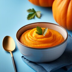 Delicious pumpkin puree served in bowl on blue background