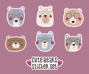 Cute bears faces with glasses sticker set. Stickers for your diary, planner or postcards. Hand drawn illustrations with wild bears.