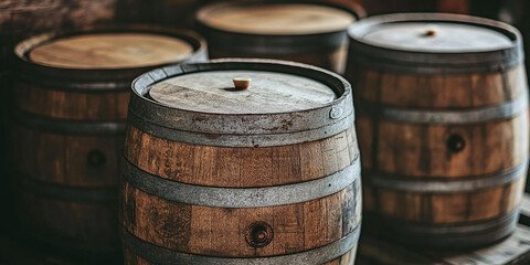 Fototapeta premium Row of wooden barrels in a wine cellar, featuring metal hoops and polished wood. The barrels are aligned neatly, creating a rustic and traditional winery ambiance.