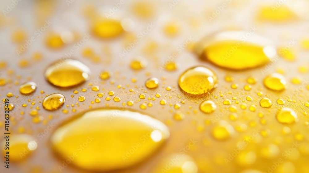 Aufkleber yellow oil droplets gather closely on a surface, displaying varying sizes and reflections under soft