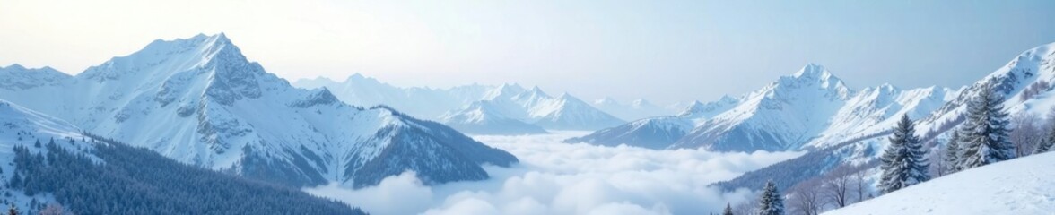 Snow-covered mountains with a gentle snowfall and misty fog rolling in, winter wonderland, frosty peaks