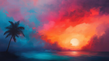 Obraz premium vibrant sunset over ocean with colorful clouds and palm tree silhouette.
