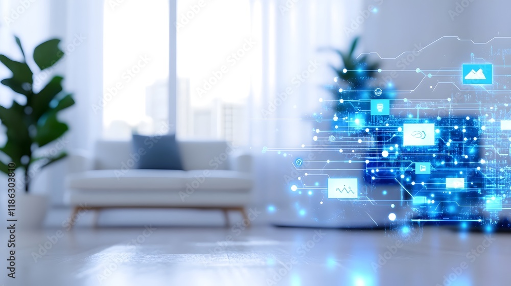 Poster futuristic business workspace with interactive digital interfaces and innovative technology