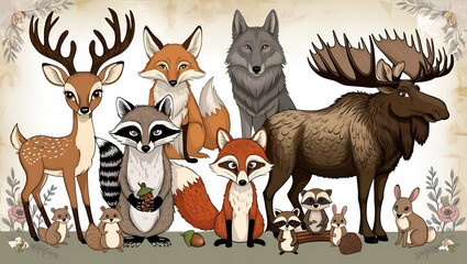 A vintage forest animal collection featuring detailed sketches of a deer, fox, raccoon, moose, owl, and wolf, interwoven with forest elements like pinecones, tree bark, and wild berries.