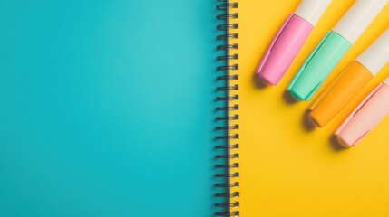 Colorful markers and a spiral notebook are arranged on a vibrant blue and yellow background, perfect for organizing a weekly schedule
