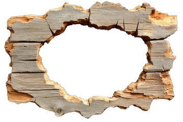Close-Up of Torn Wooden Board Forming an Oval Hole on PNG Background