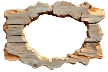 Close-Up of Torn Wooden Board Forming an Oval Hole on PNG Background