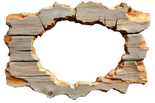 Close-Up of Torn Wooden Board Forming an Oval Hole on PNG Background