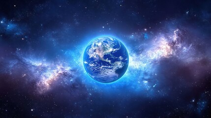 Obraz premium Space view of Earth with glowing blue tones at dawn, capturing the planetâ€™s majestic beauty and the immensity of the universe --ar 16:9 --v 6.1 Job ID: a7ce5a8a-d16d-49a3-85e5-c5a3c1d372aa