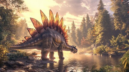 Stegosaurus walking near a tranquil river, vibrant plates on its back reflecting sunlight, peaceful prehistoric setting --ar 16:9 --v 6.1 Job ID: f5911376-570a-4ca0-9940-334b7e7e4aed