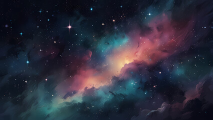 A cosmic-themed abstract illustration of a night sky filled with luminous stars and nebulae, blending soft pastel tones with streaks of light and shimmering textures for a magical and futuristic look