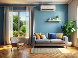 Cool your living room with this cozy, wall-mounted air conditioner, enhancing sofa comfort and interior design.