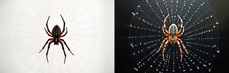 Fototapeta premium Spider sits in intricate spiderweb. Web pattern on contrasting backgrounds. Digital art piece for graphic design projects. Creative design element for web design projects. Halloween themed artwork.