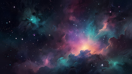 Fototapeta premium A cosmic-themed abstract illustration of a night sky filled with luminous stars and nebulae, blending soft pastel tones with streaks of light and shimmering textures for a magical and futuristic look