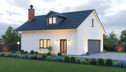 3D render home thermally insulated with polystyrene walls - Buildings energy efficiency concept image with energy classes according to the new European law, enhance, with white tones