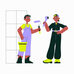 Two Male Workers Holding Painting Roller And Wrench In Flat Vector Illustration Symbolizing Construction, Repair, And Home Improvement, Isolated On White Background