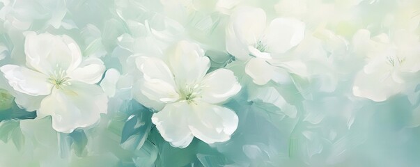 Fototapeta premium elegant floral background, soft pastels, white flowers, delicate petals, serene composition, harmonious colors, springtime vibe, gentle gradients in soft green hues, serene atmosphere, nature