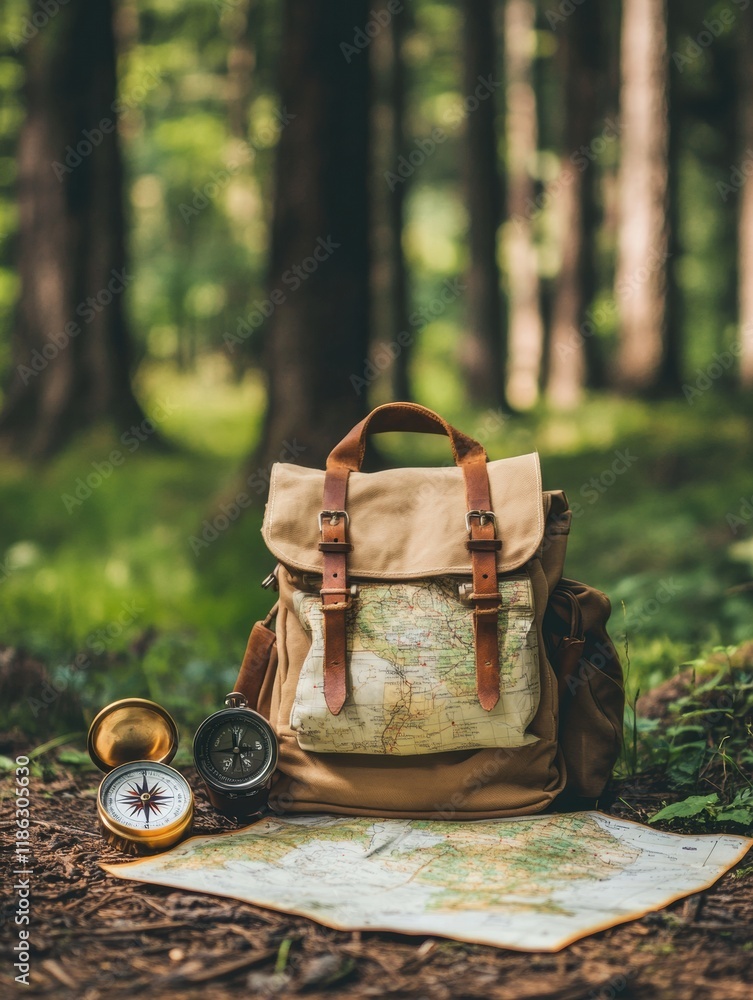 Aufkleber Discovering nature with a backpack, compass, and map in a serene forest setting during daylight hours. Generative AI