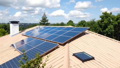 Solar panels on the roof of a beautiful modern home, vintage, with white tones