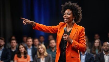 Motivational speaker gives presentation at business conference. Black woman speaks enthusiastically to large audience. Wears orange blazer, holds microphone. People in audience listen intently. Event