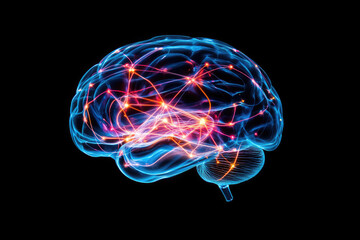 A vibrant digital representation of a brain with neural connections illuminated in blue and pink against a black background.