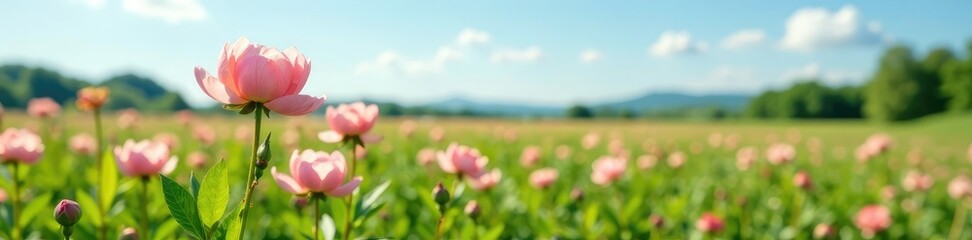 Fototapeta premium Soft peach peonies in full bloom against a backdrop of lush green fields with clear blue sky, serene, nature