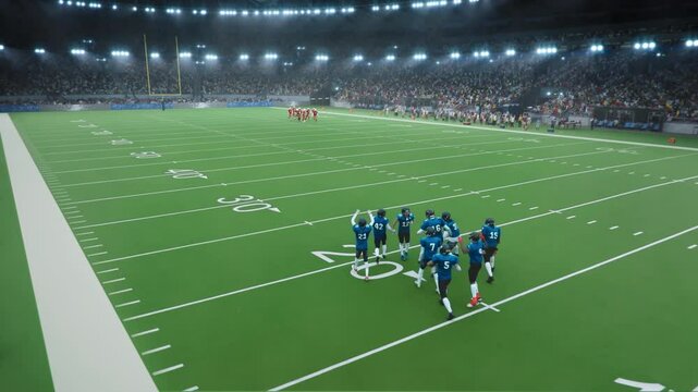 Aerial Footage with Gridiron Football Team Entering the Crowded Arena with Cheering Spectators, Hyped and Ready for Battle. Male Athletes in Red and Blue Jerseys Compete in a Stadium at Night