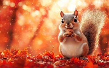 A cheerful squirrel holding an acorn, standing on a bright red autumn leaf background