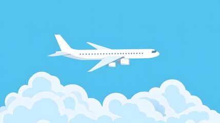 Naklejka premium White Airplane Soaring Above Fluffy Clouds In Blue Sky