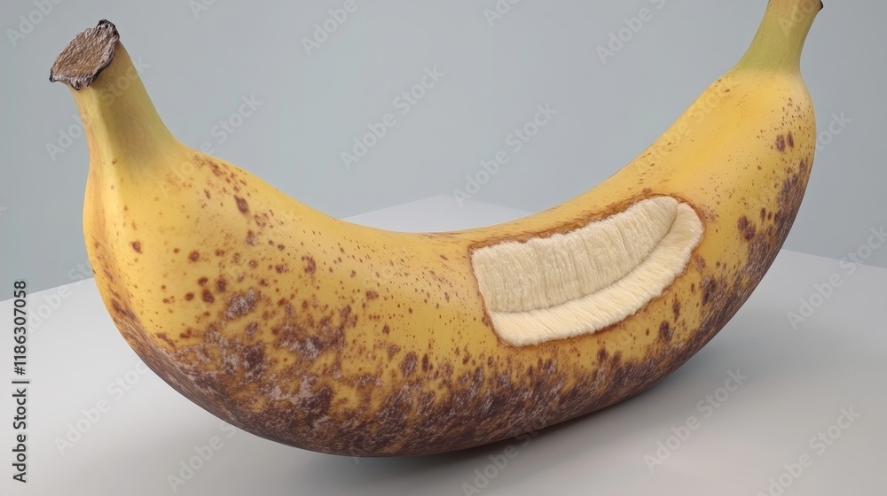 Poster close-up of a ripe banana with unique texture showing natural speckles and an exposed slice highligh