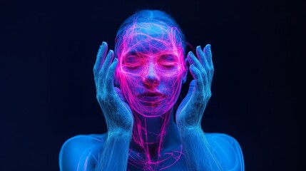 creative background,  close up woman face with neon light glowing on dark background 