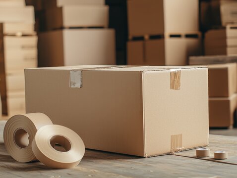 A cardboard box and packing tape are displayed in a storage area filled with stacked boxes, emphasizing organization and packing supplies.