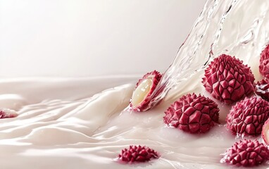 A creamy lychee juice stream swirling gently, with fresh lychees and their shells on a clean white background